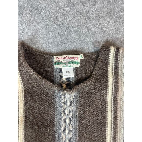 Vintage 90s Celtic Country Sweater Mens Medium Brown Striped Aztec Wool Fleece - Picture 2 of 4